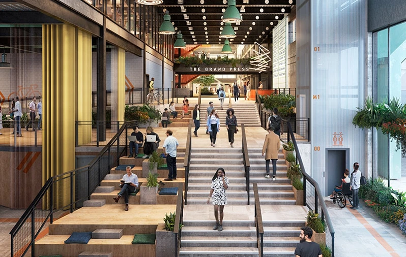 Inside The Grand Press, the new workspace at Canada Water inside the Printworks building
